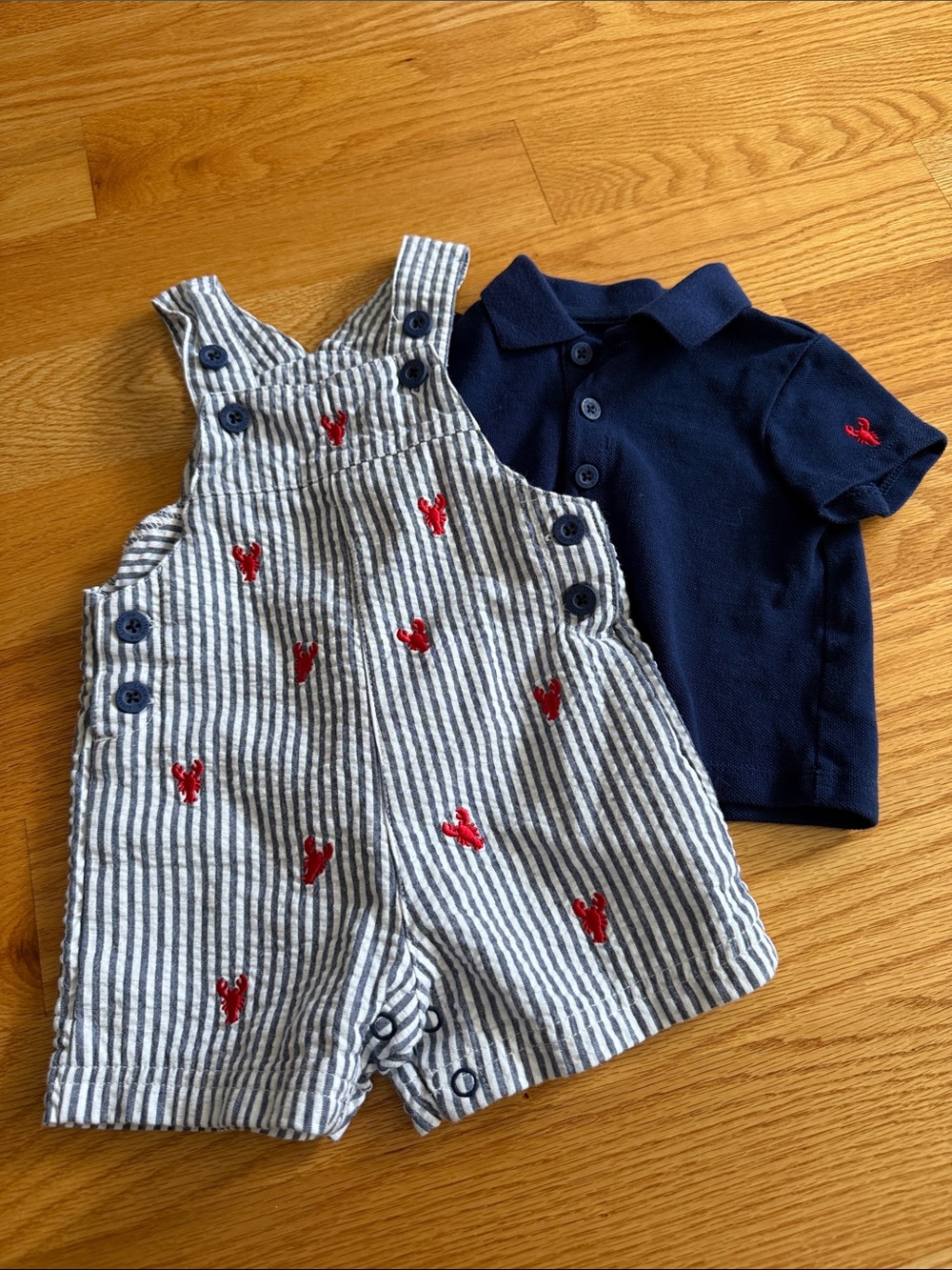 Little Me Navy Polo and Blue-White Striped Embroidered Overalls Set